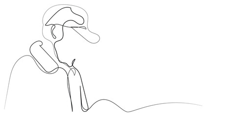 one line drawing of mysterious man.continuous line of man wearing hat and looking down.men's clothing vector illustration