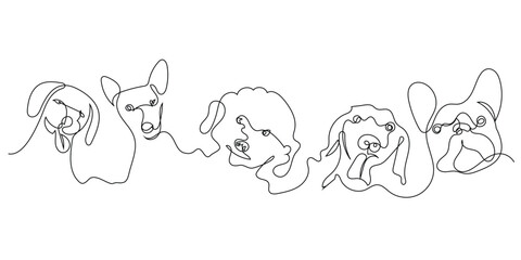 various kinds of dog breeds.different types of dogs.one continuous line vector drawing.single line vector illustration.