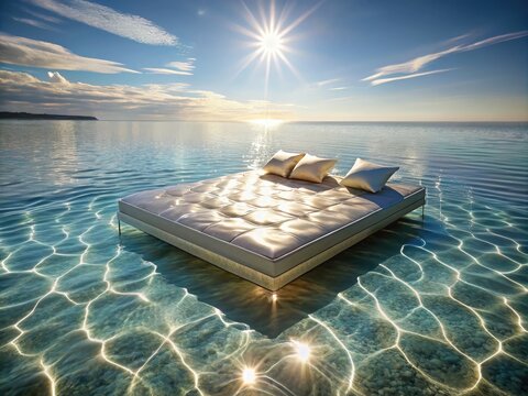 Sparkling transparent waterbed with undulating waves and subtle ripples, illuminated by soft sunlight, creating a serene and calming atmosphere in a tranquil setting.