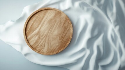 Minimal round wooden mockup on smooth white-blue fabric background, natural light, clean design
