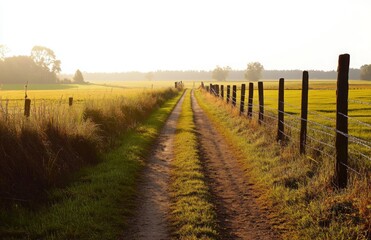 Obraz premium A rural dirt path flanked by fences and open farmland, with a gentle breeze rustling through the grass and a bright, clear sky above