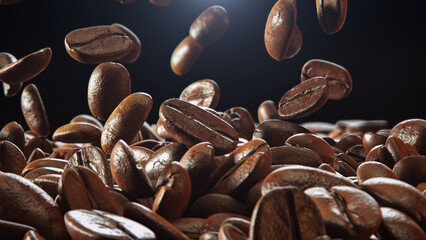 Close up Detail Shot of Coffee Beans Falling Down isolate on black background. 3D Render.