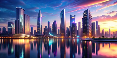 Obraz premium Stylized 3D rendering of a futuristic cityscape at dusk, featuring sleek skyscrapers, curved lines, and vibrant neon lights reflecting off a tranquil water surface.