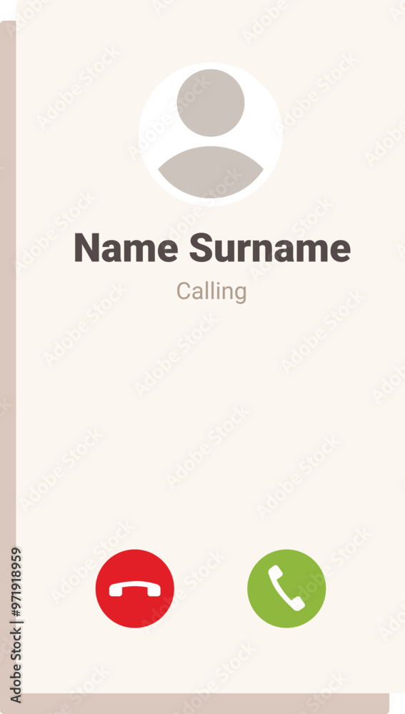Poster smartphone screen displaying an incoming call notification with contact information and two buttons 