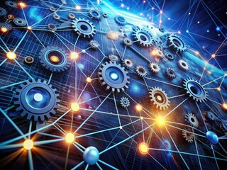 Obraz premium Stylized digital illustration of interconnected nodes, wires, and gears forming a complex network, symbolizing communication, collaboration, and data exchange in a modern high-tech environment.