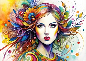 Fototapeta premium Stylized female figure sketch with bold lines and vibrant colors, showcasing intricate details and textures, against a pristine white background, perfect for fashion design.