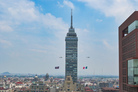 Mexican military planes in parade formation, Military parade in Mexico to celebrate Independence Day. Air show in Mexico City