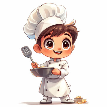 recommend clip art: Cute cartoon chef boy holding a spatula and a bowl of food, isolated on white background.