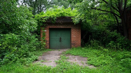 Abandoned brick garage overgrown with vegetation in a dense forest. Concept of nature reclaiming urban structures and urban decay.