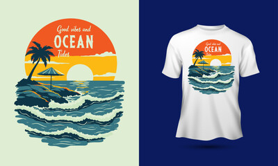 
Good vibes and Ocean Tides slogan retro illustration  sea beach summer vibes typography motivational quotes t-shirt design, 