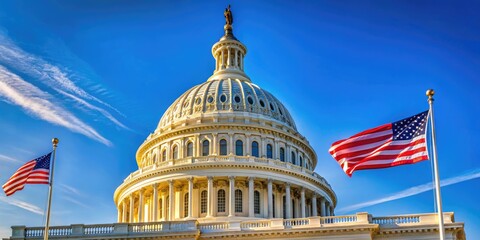 Sunlit American flag waves proudly atop the iconic white dome of the historic United States Capitol Building in Washington D.C. against a bright blue sky.
