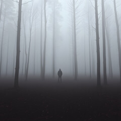 A lonely figure standing in a misty, empty forest, loneliness, sense of abandonment in nature