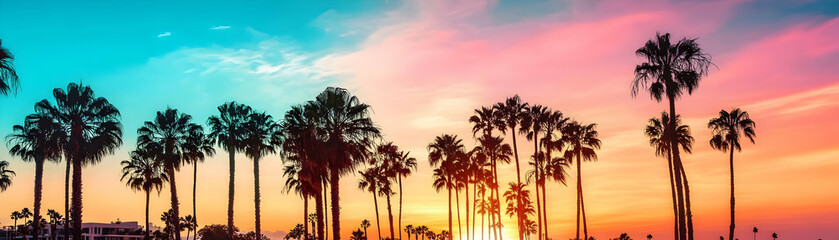 Obraz premium Silhouettes of palm trees against a vibrant sunset sky.