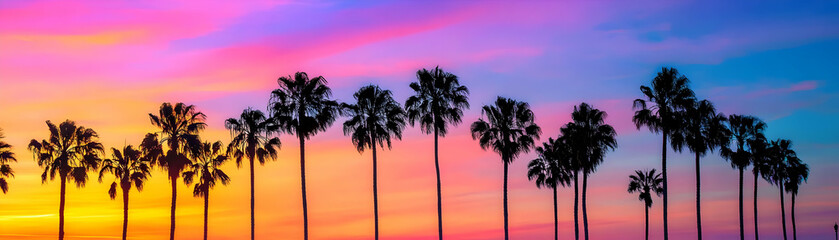 Obraz premium Silhouettes of palm trees against a vibrant sunset sky.