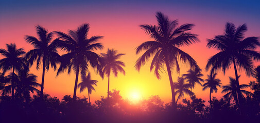 Silhouette of palm trees against a vibrant sunset sky.