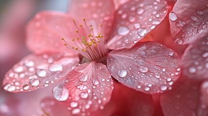 A Close-up View of a Pink Flower Petal Covered in Dew Drops