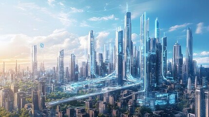 Naklejka premium A smart cityscape filled with high-tech buildings powered by blockchain and IoT devices ensuring a seamless urban experience