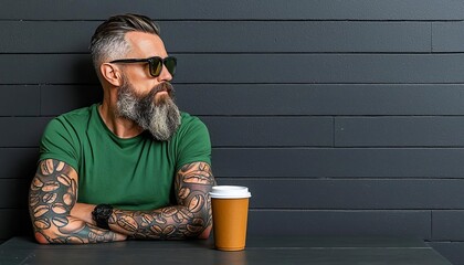 Man with intricate coffee bean tattoos sipping cold brew, tattoos of steam and espresso machines, modern urban cafe setting, coffee lovers, urban tattoo art
