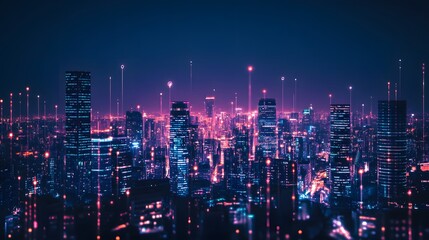 Fototapeta premium A smart city skyline illuminated by the glow of IoT-connected buildings and blockchain-powered infrastructure