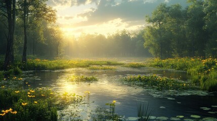 Fototapeta premium Serene landscape with water, flowers, and sunlight filtering through trees.