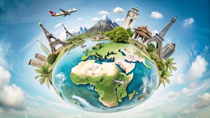 Naklejka premium A globe with various iconic landmarks from around the world, including the Eiffel Tower, the Statue of Liberty,