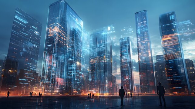 High-tech buildings with digital facades displaying real-time city data, reflecting the adaptability of future smart cities