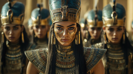 Ancient Egyptian army of elite female warriors with golden helmets.