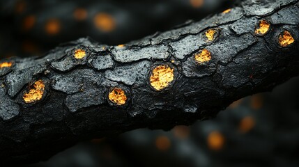 Obraz premium Close-up of Charred Tree Branch with Orange Patches