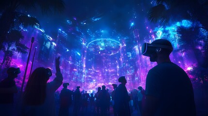 People enjoying an immersive entertainment experience in a futuristic park powered by IoT devices and blockchain technology