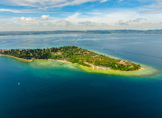 Aerial drone photo of the city of Sirmione, Garda Lake in Italy.