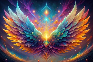 Obraz premium Vibrant, abstract wings illustration with intricate feather details, radiant colors, and delicate texture, evoking a sense of freedom, empowerment, and spiritual ascension.