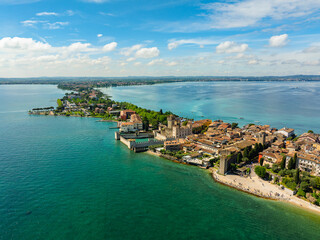 Aerial drone photo of the city of Sirmione, Garda Lake in Italy.