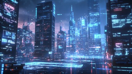 A futuristic financial district where blockchain and IoT systems drive secure transactions and transparent business operations
