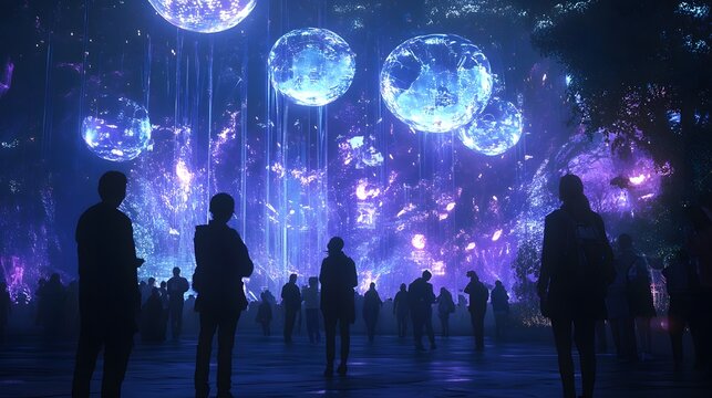 People enjoying an immersive entertainment experience in a futuristic park powered by IoT devices and blockchain technology