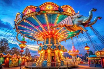 Vibrant amusement park attraction featuring a giant flying elephant ride with colorful lights, shimmering fabrics, and whimsical details against a bright blue sky.