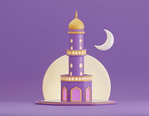 3D purple mosque with a golden dome stands before a crescent moon
