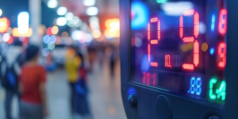 Close-up of a gas pump display highlighting the increased price per gallon, with a blurred background of a busy gas station.Breaking news,top story,oil crisis,energy crisis.AI.