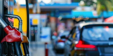 Fototapeta premium Close-up of a gas pump display highlighting the increased price per gallon, with a blurred background of a busy gas station.Breaking news,top story,oil crisis,energy crisis.AI.