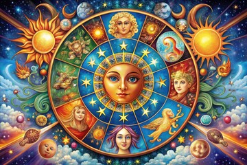 Obraz premium Vibrant astrology-inspired illustration featuring a whimsical zodiac wheel, celestial bodies, and astral elements, marking the beginning of the curious and adaptable Gemini season.