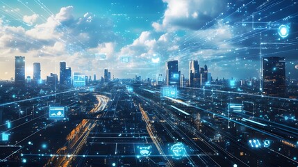 A surreal vision of a tech-driven future city where work, travel, and lifestyle are interconnected by blockchain and IoT systems
