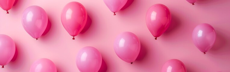 pink helium party balloons floating on a pink background.