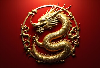 Fototapeta premium Golden Dragon Symbol on Red Background