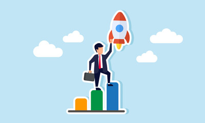 A businessman stands on a chart trying to catch a soaring rocket, illustration of Aligning company performance with the accelerating market trends