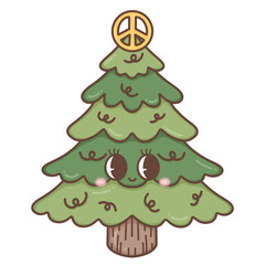 Christmas tree in trendy groovy hippie style.Merry Xmas 70s illustration Happy Winter holidays.