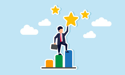 A businessman standing on a graph trying to catch a star, illustration of Awards or ratings a company receives for excellent business performance and progress