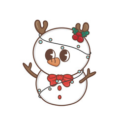 Christmas Cute snowman in Winter costume in trendy groovy hippie style.Merry Xmas 70s illustration Happy Winter holidays.