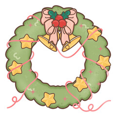 Christmas Wreath Bells Star and Ribbon Decoration in trendy groovy hippie style.Merry Xmas 70s illustration Happy Winter holidays.