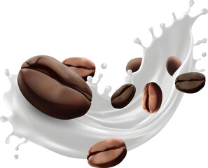 Milk coffee splash with Coffee Bean falling, 3d vector.Mesh gradient wes used