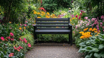 Black Wooden Bench Surrounded by Blooming Flowers in a Garden