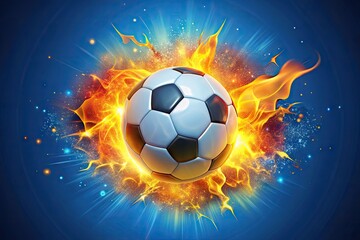 Fototapeta premium Vibrant cartoon soccer ball bursting with energy, surrounded by stylized flames and sparks, against a bright blue background with subtle texture and gradient effects.